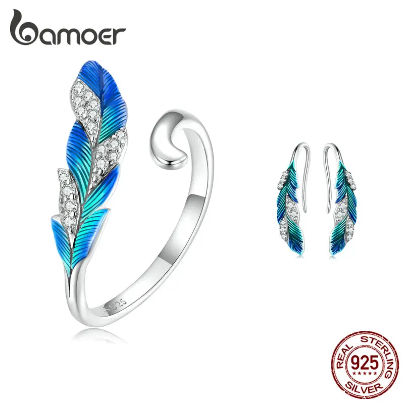 

BAMOER Enamel Blue Feather Open Ring & Drop Earrings 925 Sterling Silver for Women Girl Party Jewelry Gift Bohemian Wedding Gift
