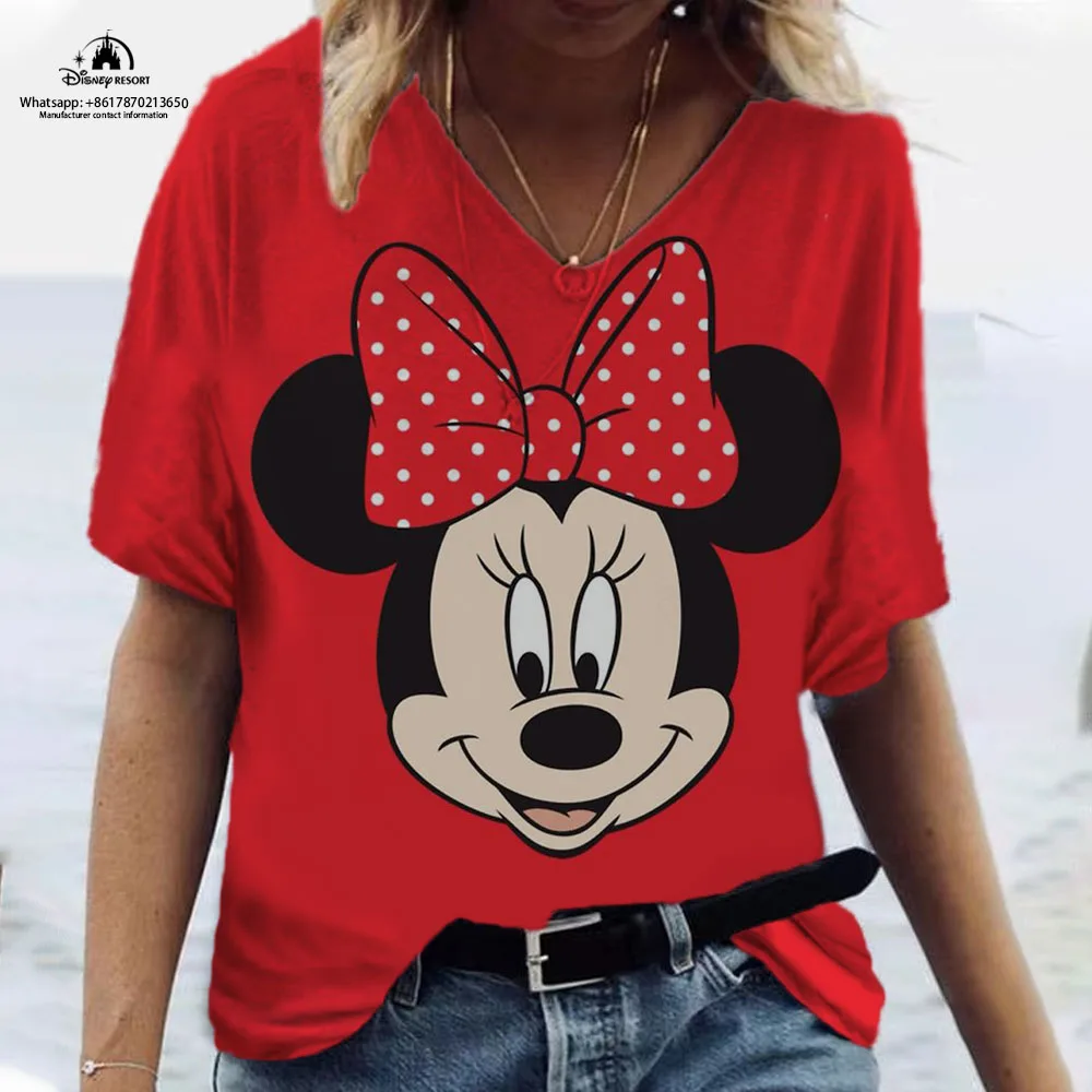 

Women's T-shirt fashion new Disney Mickey Minnie 3D printing short-sleeved T-shirt oblique V-neck basic top summer T-shirt