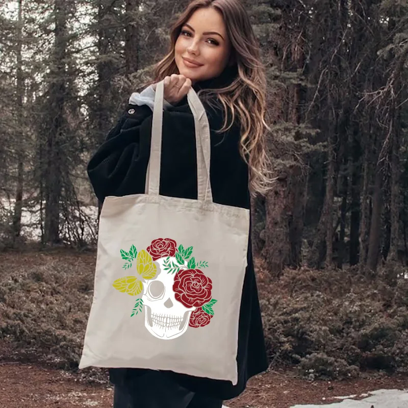 

New Skull Print Shoulder Bags For Women Eco Friendly Reusable Handbags Large Capacity Casual Foldable Canvas Shopping Bag