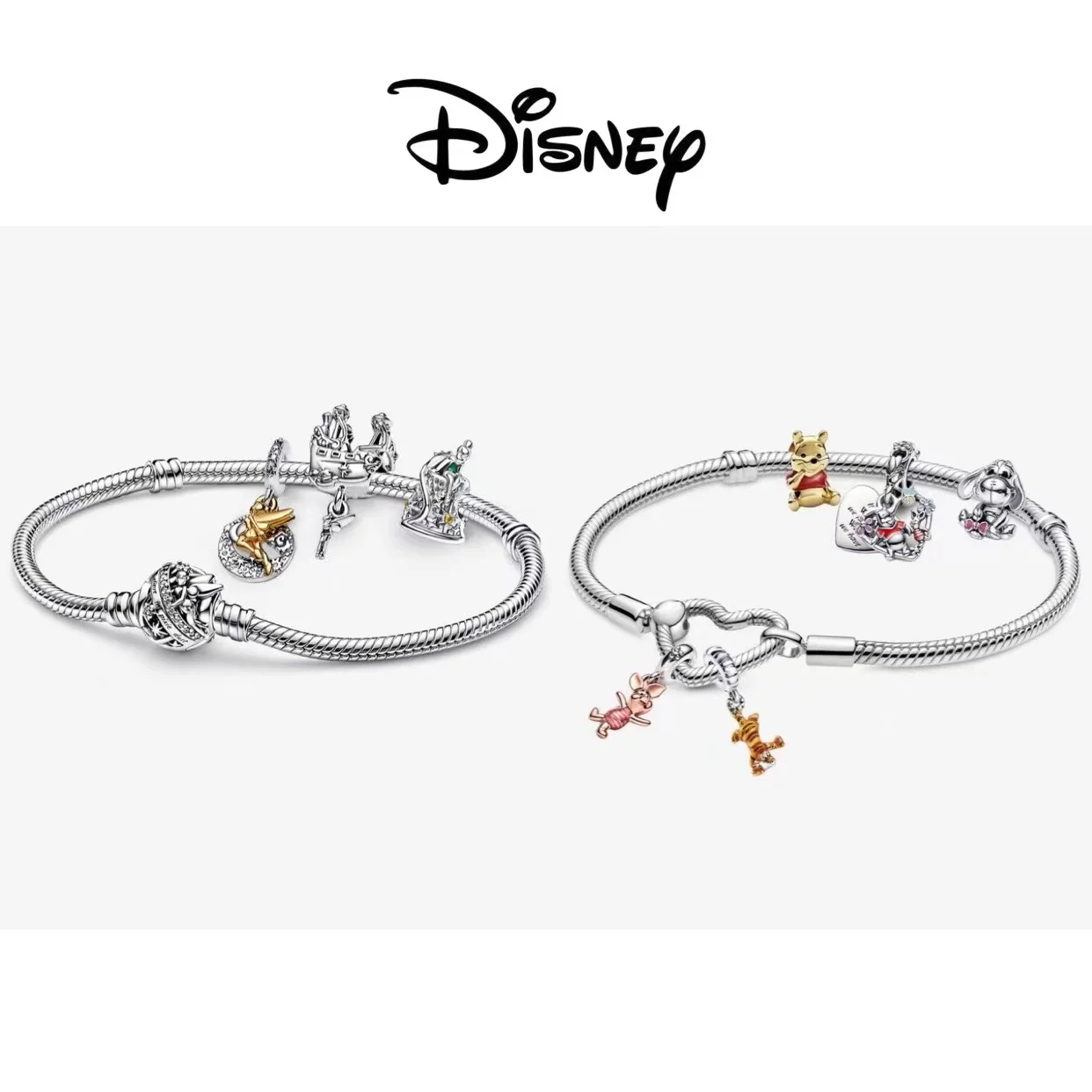

Disney 925 Sterling Silver Bracelet Moments Sparkling Mickey Mouse Heart Clasp Snake Chain Bracelet for Women DIY Charms Beads