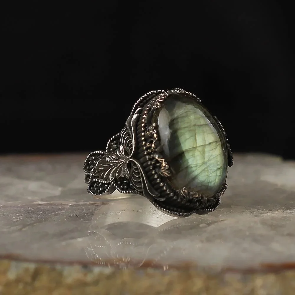Pure Real 925 Sterling Silver Labradorite Natural Stone Ring Men High quality Jewelry Retro Fashion Vintage Handmade Gift