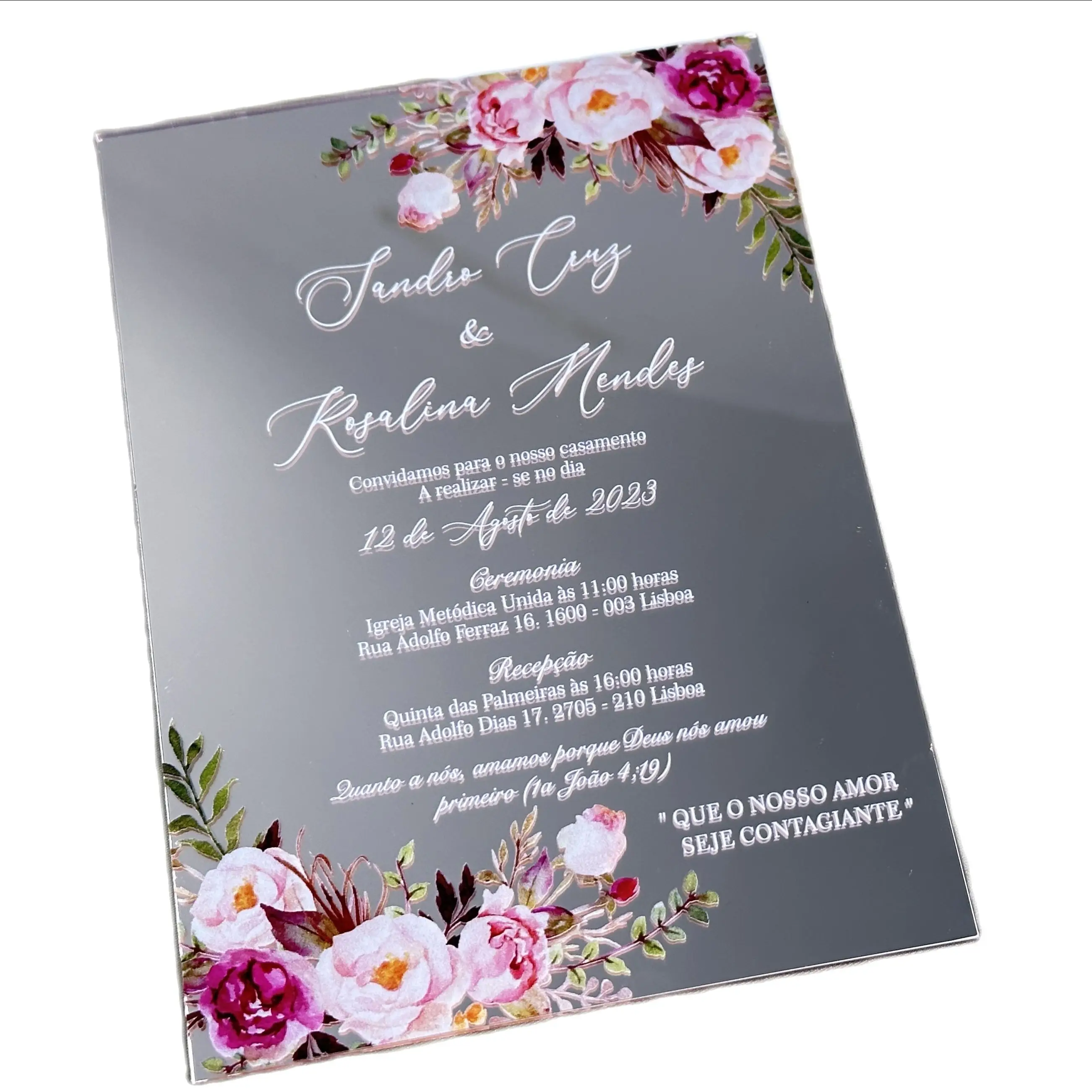 

Индивидуальное акриловое Свадебное приглашение, зеркало серебряное акриловое приглашение, Розовый пион, розовый дизайн, приглашение Quinceanera 10 шт.