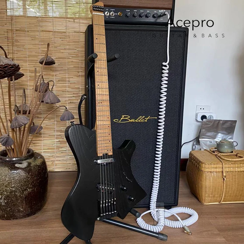 

Электрическая гитара без головы Acepro, 2 фрита из нержавеющей стали, сатиновая, черная, ясень, обжаренная Кленовая гитара на шею