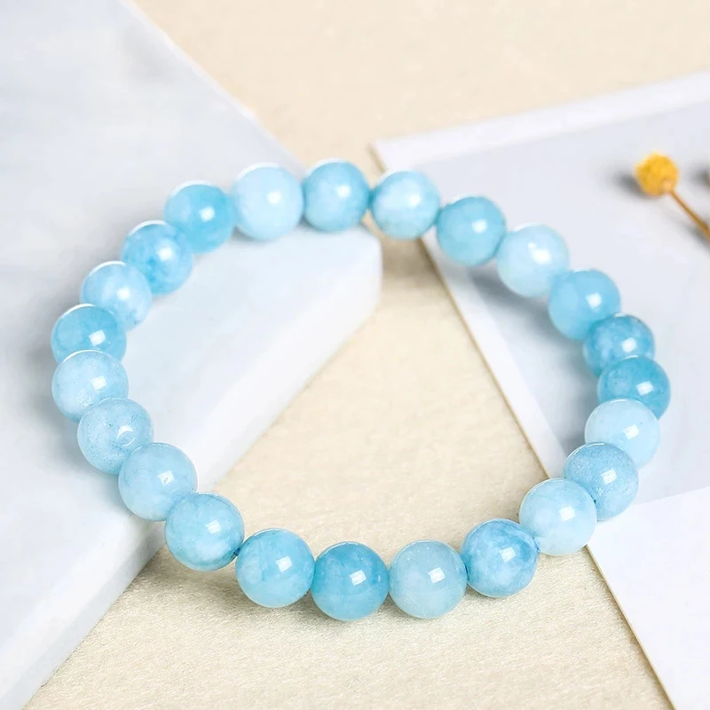 

10 mm Natural Stone Aquamarine Blue Chalcedony Bead Bracelets For Women Charm Round Stone Strand Bangles Friend Gift