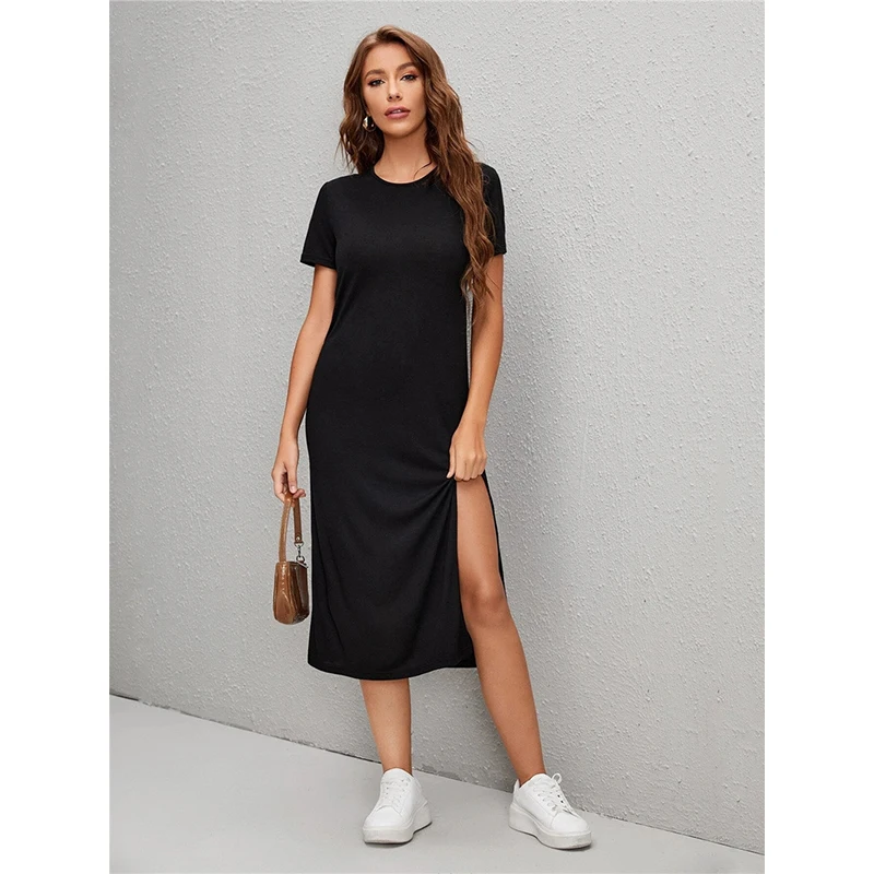 Knitted Dresses Women Side Split Spring Summer Short-Sleeved Casual Everyday Midi Dress Ropa Mujer Vestidos De Mujer Casual 2022