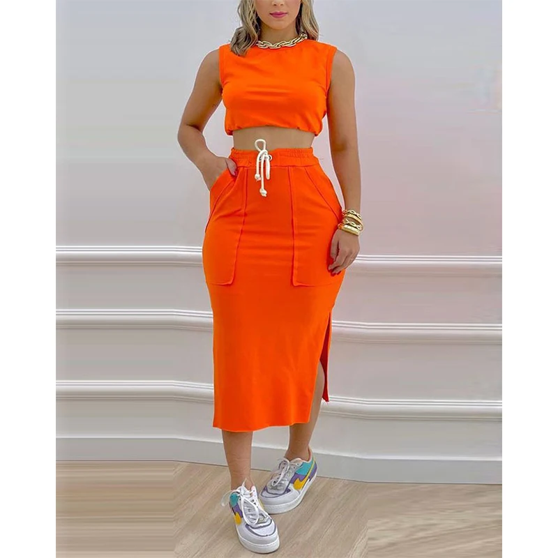 Orange Casual Two Piece Set Women Skirt Women Summer Fashion Urban Crop Top And Skirt Suits Outfits Yellow 2022 Robe Femme Ete