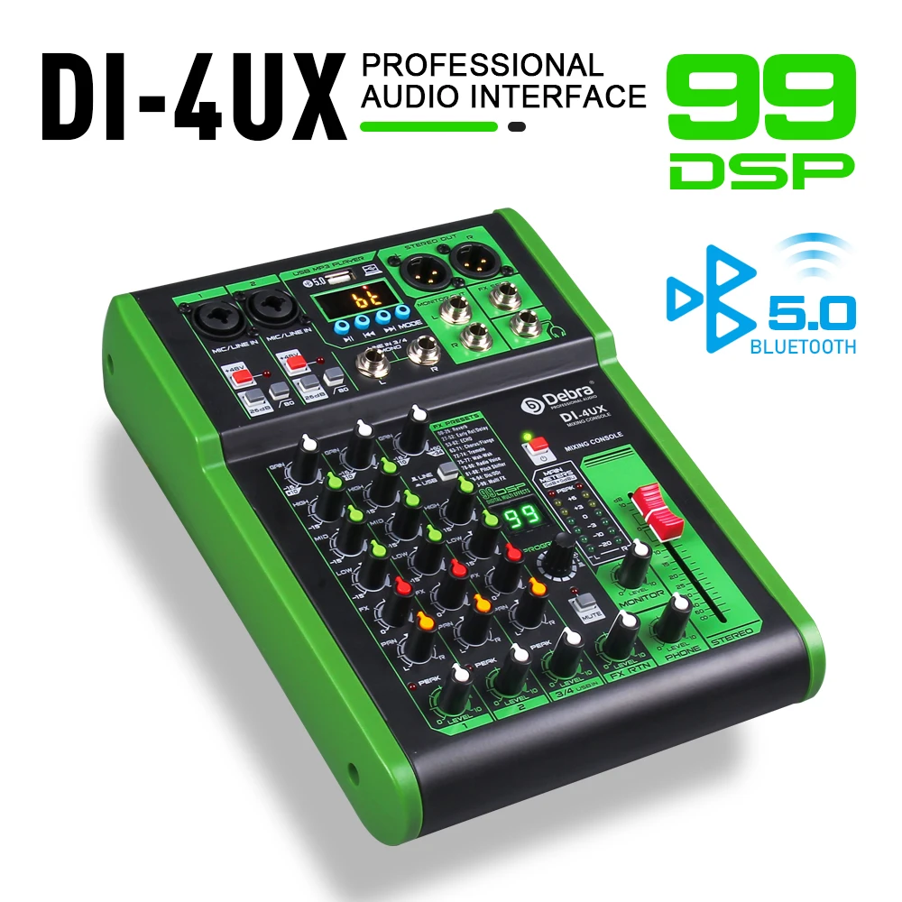 

4-канальный DJ-Консоль D Debra, аудиомикшер с 99DSP цифровым ревербератором Bluetooth 5,0, профессиональный для караоке, сцены, записи на ПК