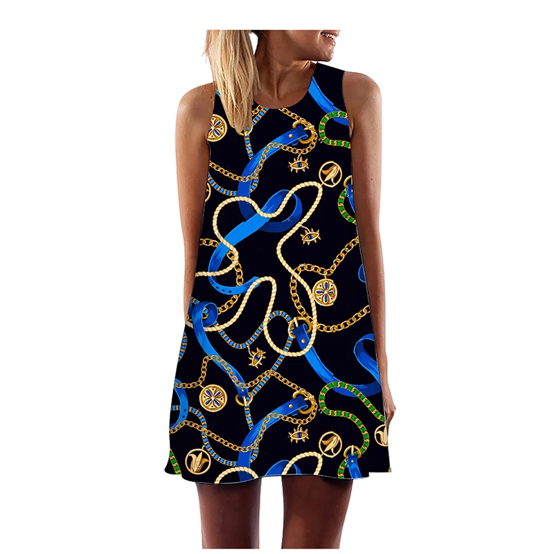 Женский сарафан без рукавов с круглым вырезом летнее свободное платье в стиле