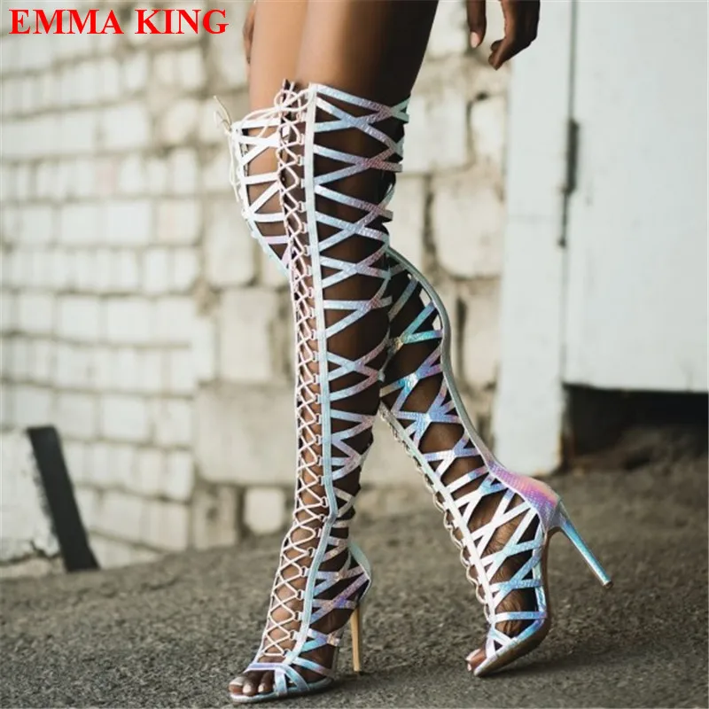 

Sexy Lace Up Gladiator Over The Knee Sandals Boots Women High Heels Peep Toe Thigh High Boots Summer Cutouts Party Shoes Woman