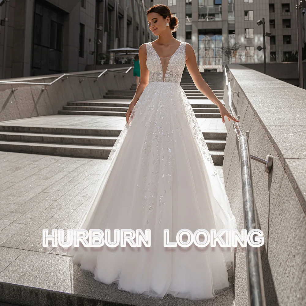 

HERBURN Sequin Wedding Gown For Bride Sleeveless Backless A-Line Trendy Customised Dropping Shipping Robe De Soiree De Mariage