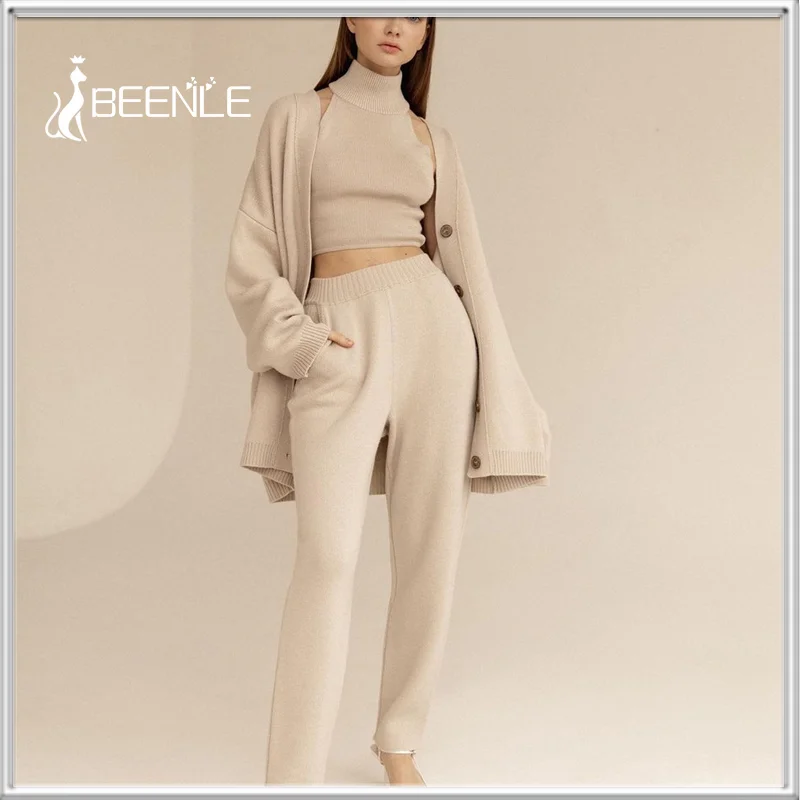 BEENLE Woman Winter Sweater Three-pieces Suits Kniited Cardigan Solid Casual Fashion Pullover Turtleneck Vest Women Clothing