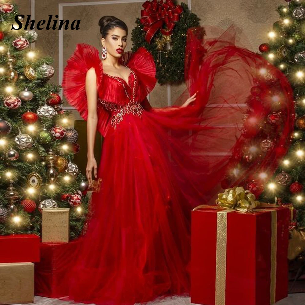 

Shelina Modern V-neck Evening Dress A-line Crystal Backless Tulle Pleat Sweep Train Sleeveless Robes De Soirée Customized