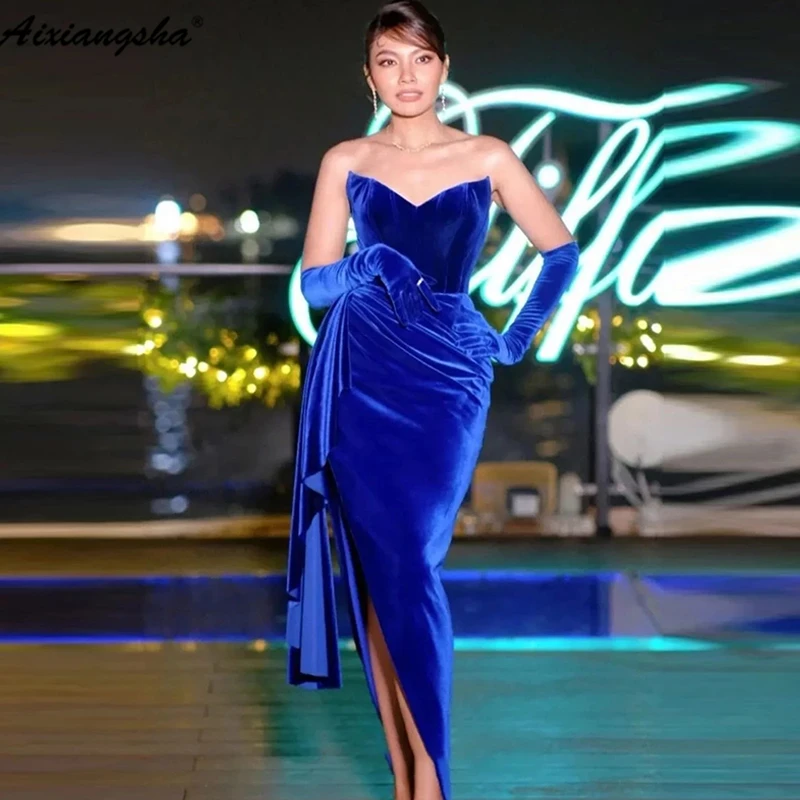 

Royal Blue Velve Mermaid Evening Party Dresses High Slit Sweetheart Sexy Prom Dress Cocktail Gown Women Special Robe De Soiree