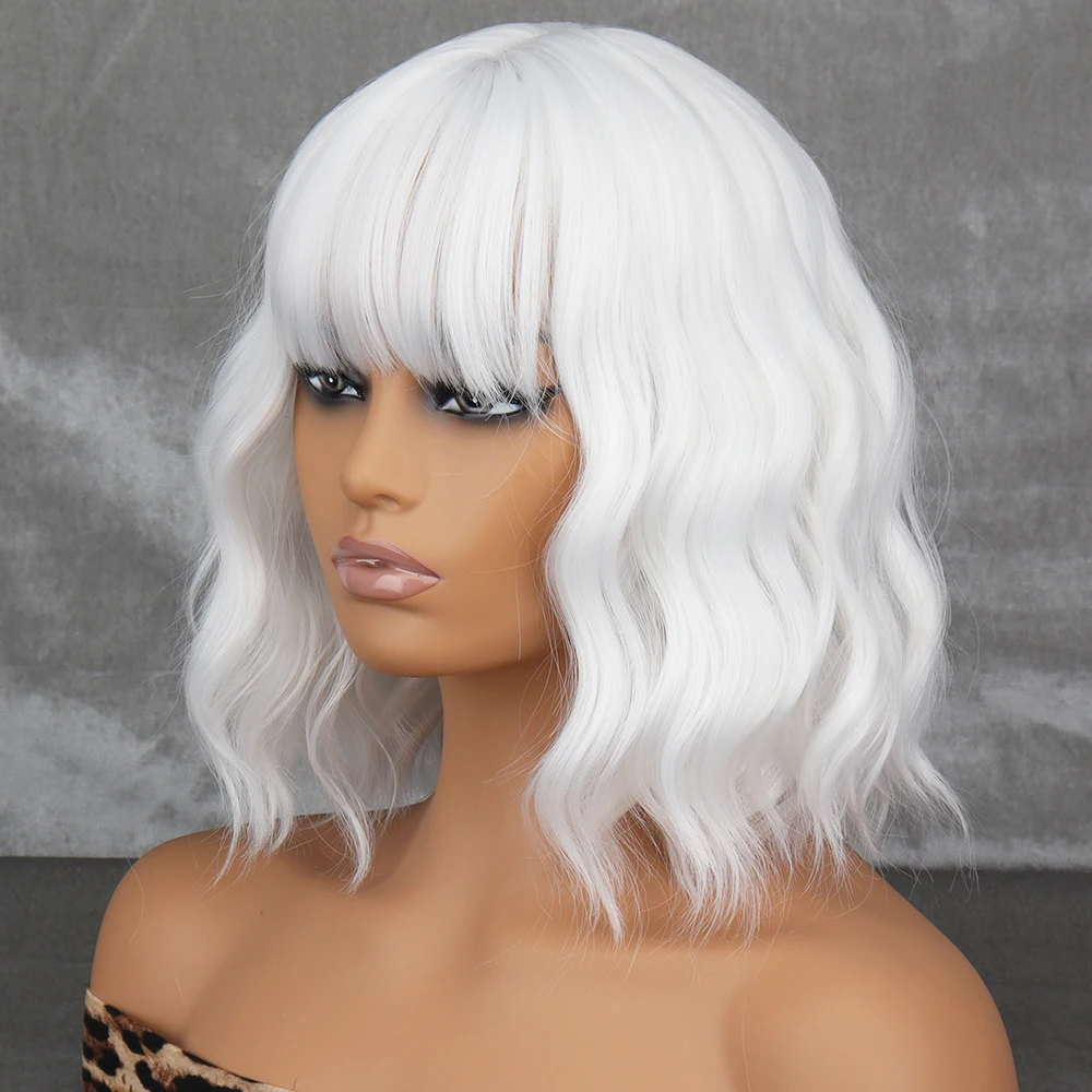 Short WERD Wavy Off-white Grey Synthetic Wig Women's Heat-Resistant Natural Half Part Cosplay Party Lolita Wig