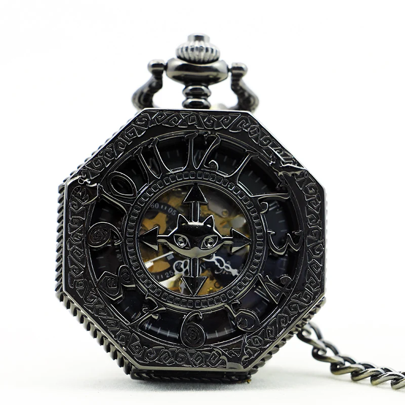 Black Arabic Hexagon Mechanical Pocket Watch Collection Antique Vintage Steampunk Hand Wind Watch Bracelet Pendant Gifts