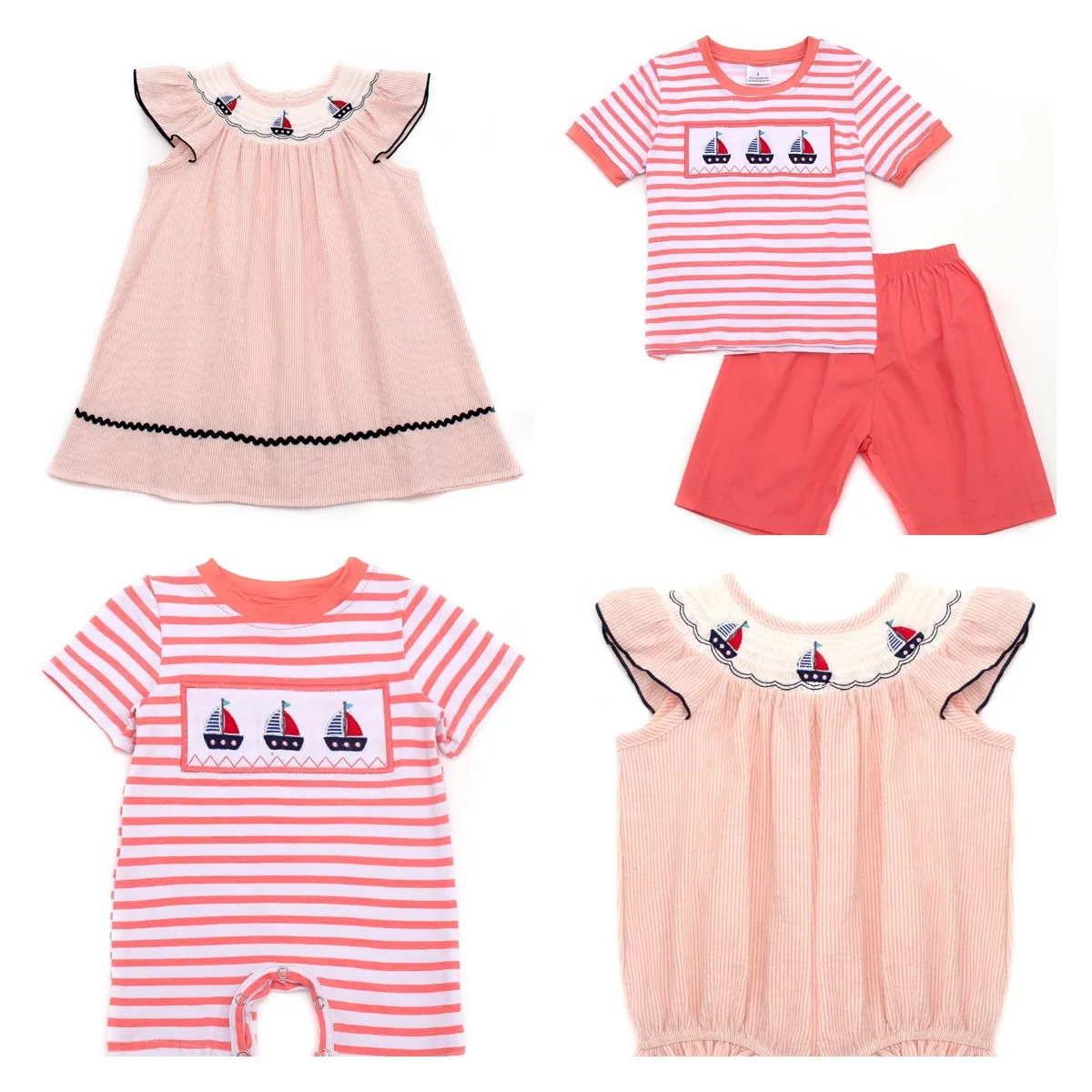 

Girlymax Sibling Boys Girls Stripe Sailboat Woven Smocked Dress Romper Shorts Set Boutique Kids Clothing
