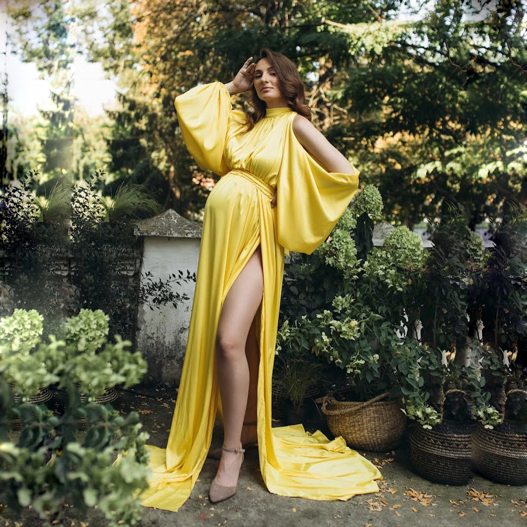 

Elegant Off Shoulder Long Sleeves Taffeta Maternity Dresses Photo Shoot Prop High Slit Sexy Empire Waist Pregnancy Baby Shower