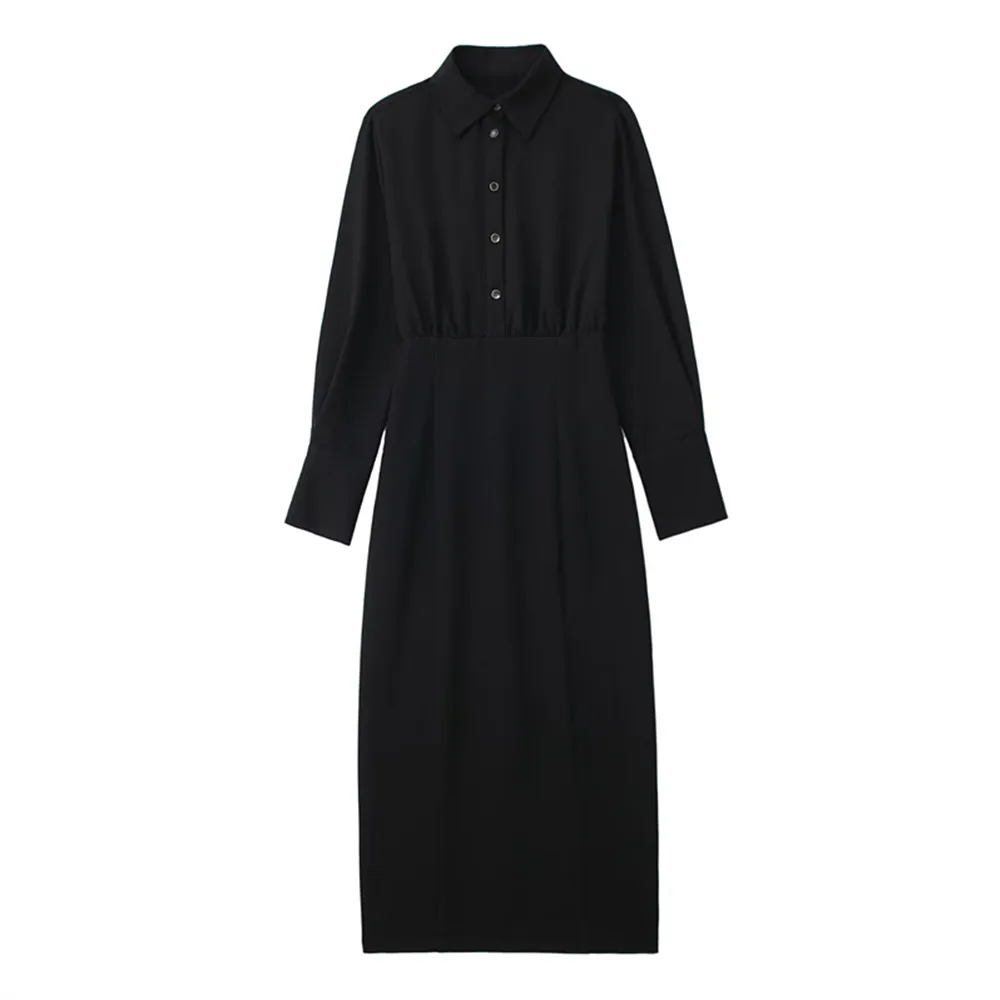 

Женское облегающее длинное платье PB & ZA, осенне-зимнее черное платье с длинными рукавами и отложным воротником, на пуговицах, 2298/201