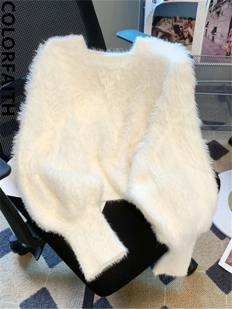 

Colorfaith SW8184 Новинка 2022 винтажная Корейская водолазка с сорняками оверсайз имитация норки кашемировые вязаные женские свитера на осень и зиму...