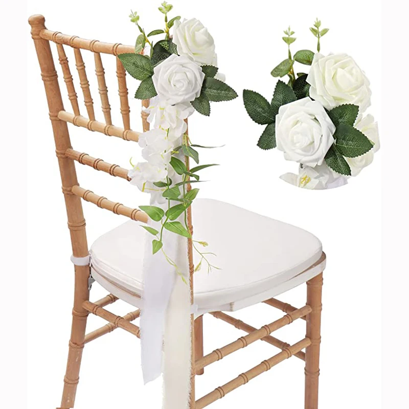 Wedding Chair Decorations Set of 8, White Cream Rustic Aisle Artificial Flowers with Chiffon Ribbons Wedding Floral Decor
