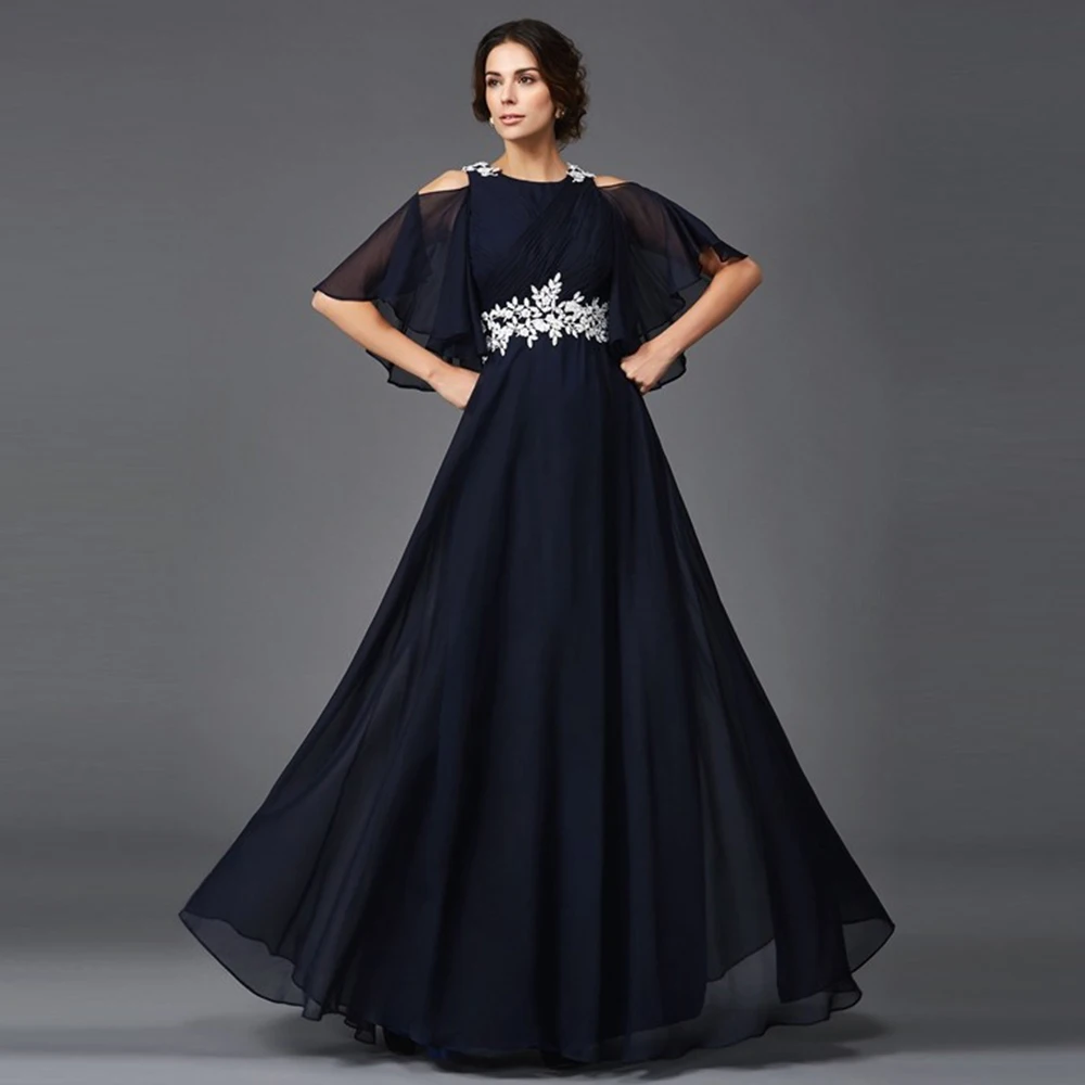

Elegant Navy Mother of the Bride Dresses Jewel Neck Half Sleeves Appliques Wedding Party Gowns Pleat Draped Floor-Length A-Line