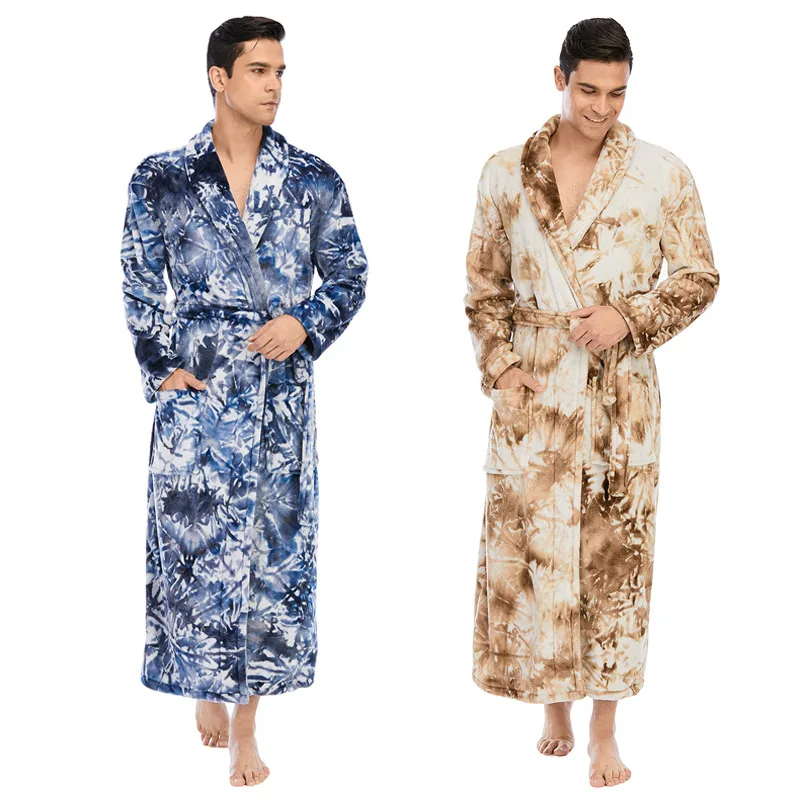 Hot Sale Explosion Winter Flannel Nightgown Tie-dye Pajamas Men's Winter Thickened Long-sleeved Nightgown Men