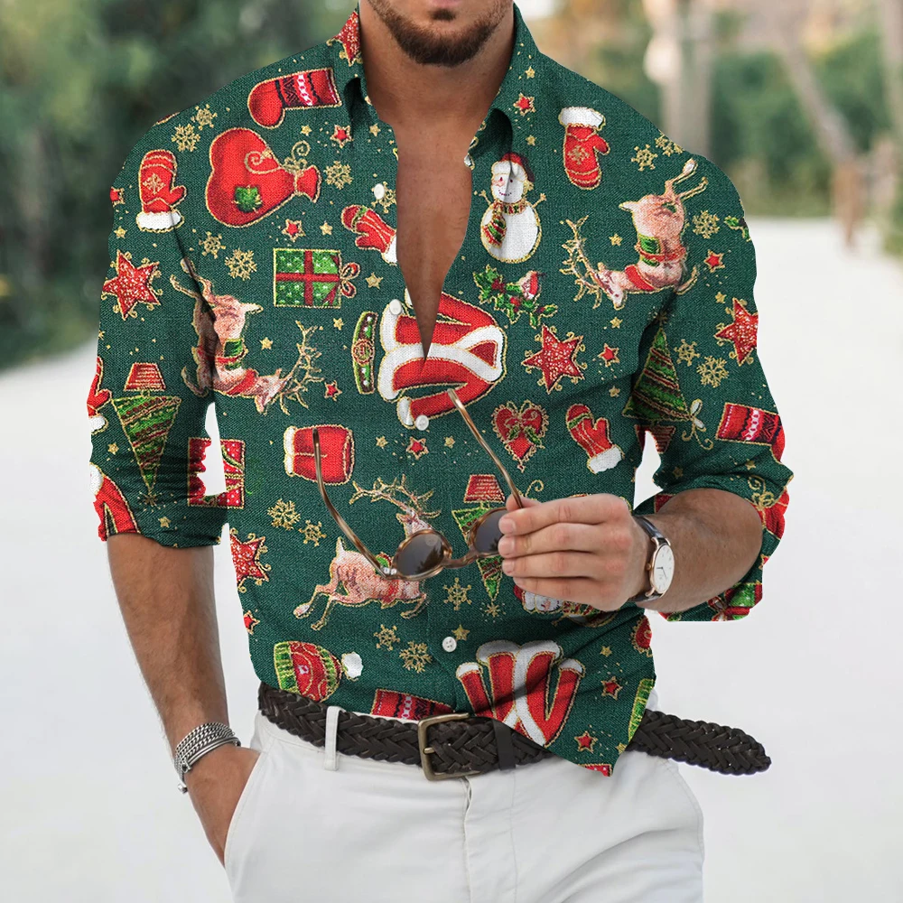 2022 Christmas Shirt 3D Print Christmas Long Sleeve Shirt Holiday Party Top Men's Street Harajuku Single breasted Shirt S-6XL