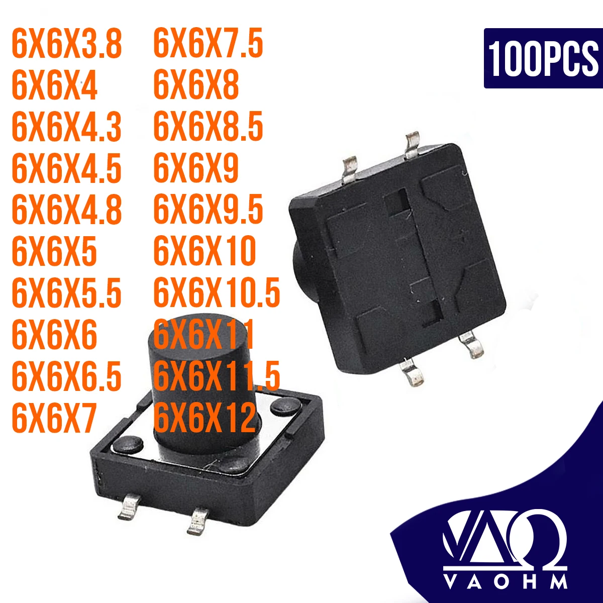 100 шт. 6x6x4,3 6x6x4,5 6x6x5 6x6x6,5 6x6x7 6x6x7,5 6x6x8 6x6 тактовый переключатель SMD 8,5 6x6x9 6x6x10 6x6x11 6x6x12 6x6x15 6 мм