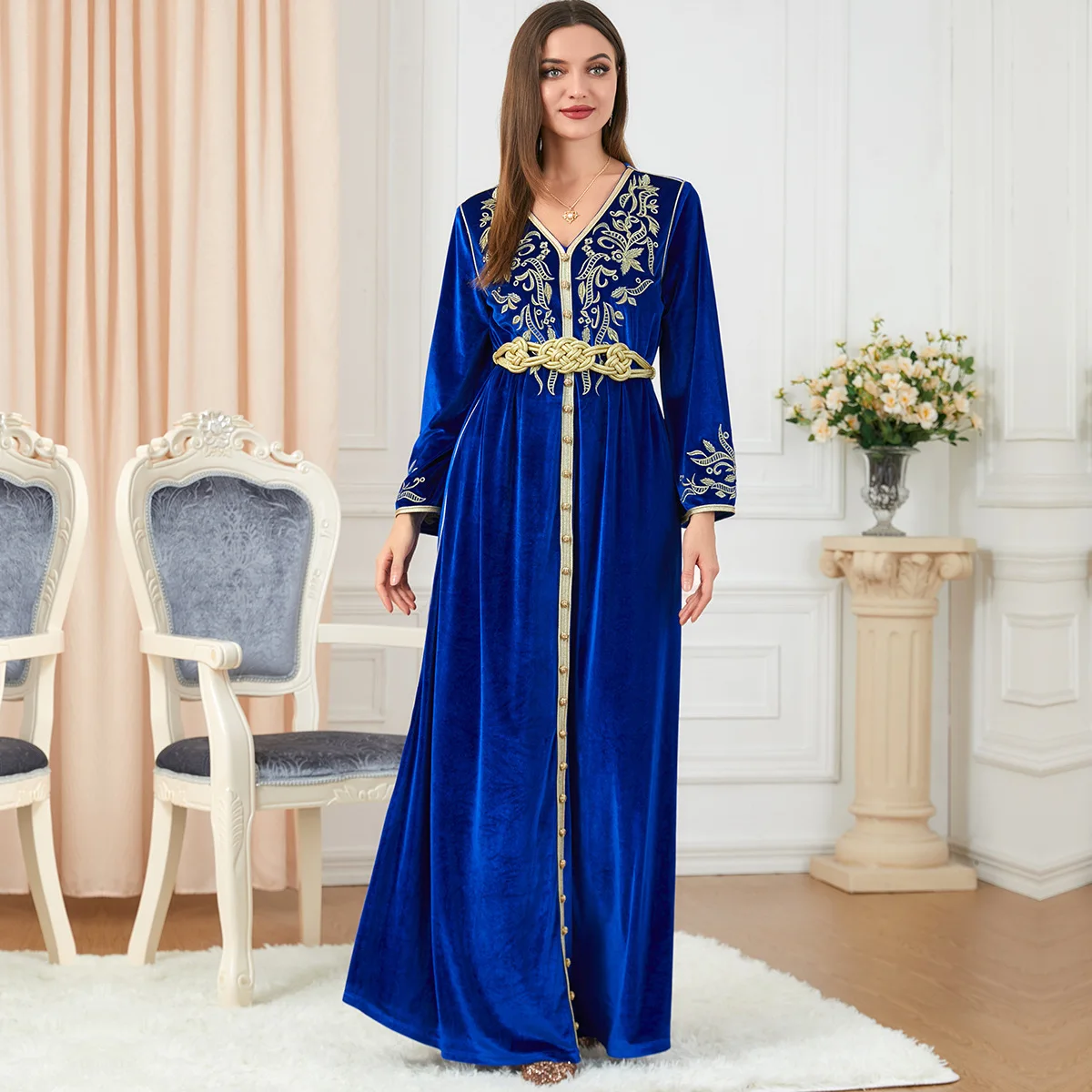 ICCLEK Women'S Long Dress Abaya Muslim Damen Moroccan Caftan Luxury Woman Wedding Eid Winter Velvet Dubai Jurken