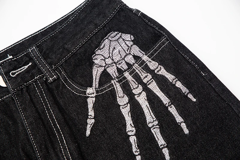 New Retro Skull Hand Bone Embroidery Washed Mens Jeans Pants Y2K Straight Casual Oversize Denim Trousers Streetwear Pantalones