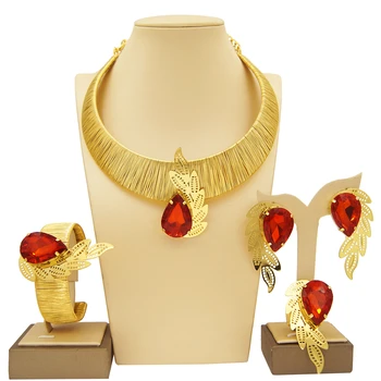 Woman Necklace Jewelry Set Brazilian Gold Design Red Zircon Pendant Luxury Wedding Banquet Jewelry 24K Gold Plated Original