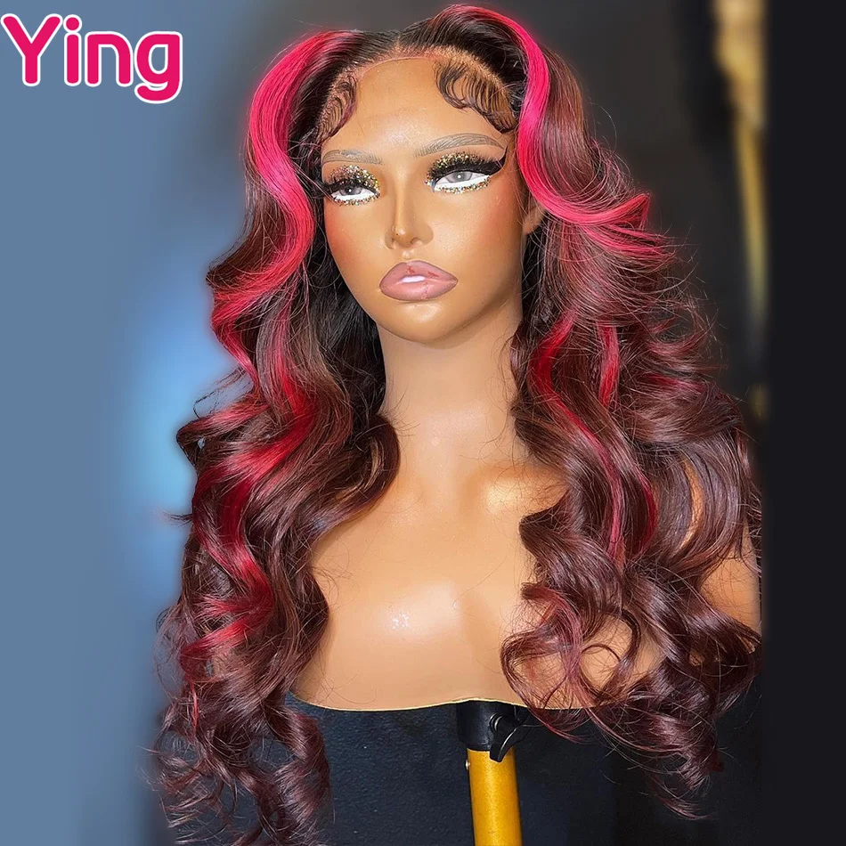 Highlight Pink Stripe Malaysian Colored Human Hair Wigs  Body Wave 13X6 Lace Frontal Wig Pre Plucked Virgin Hair Wig For Women
