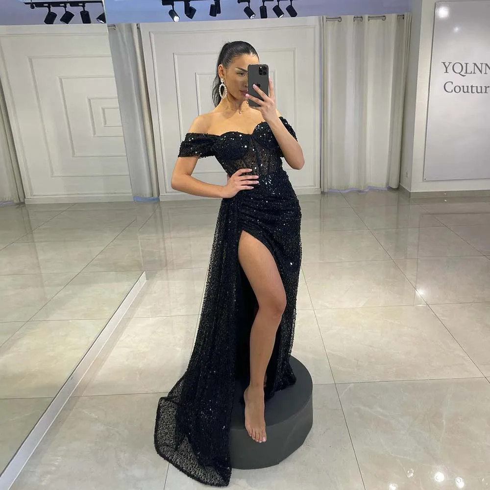 Black Sexy Slit Beaded Long Prom Dresses Off the Shoulder Emerald Green Formal Evening Party Gown Robe De Soiree Zipper Back