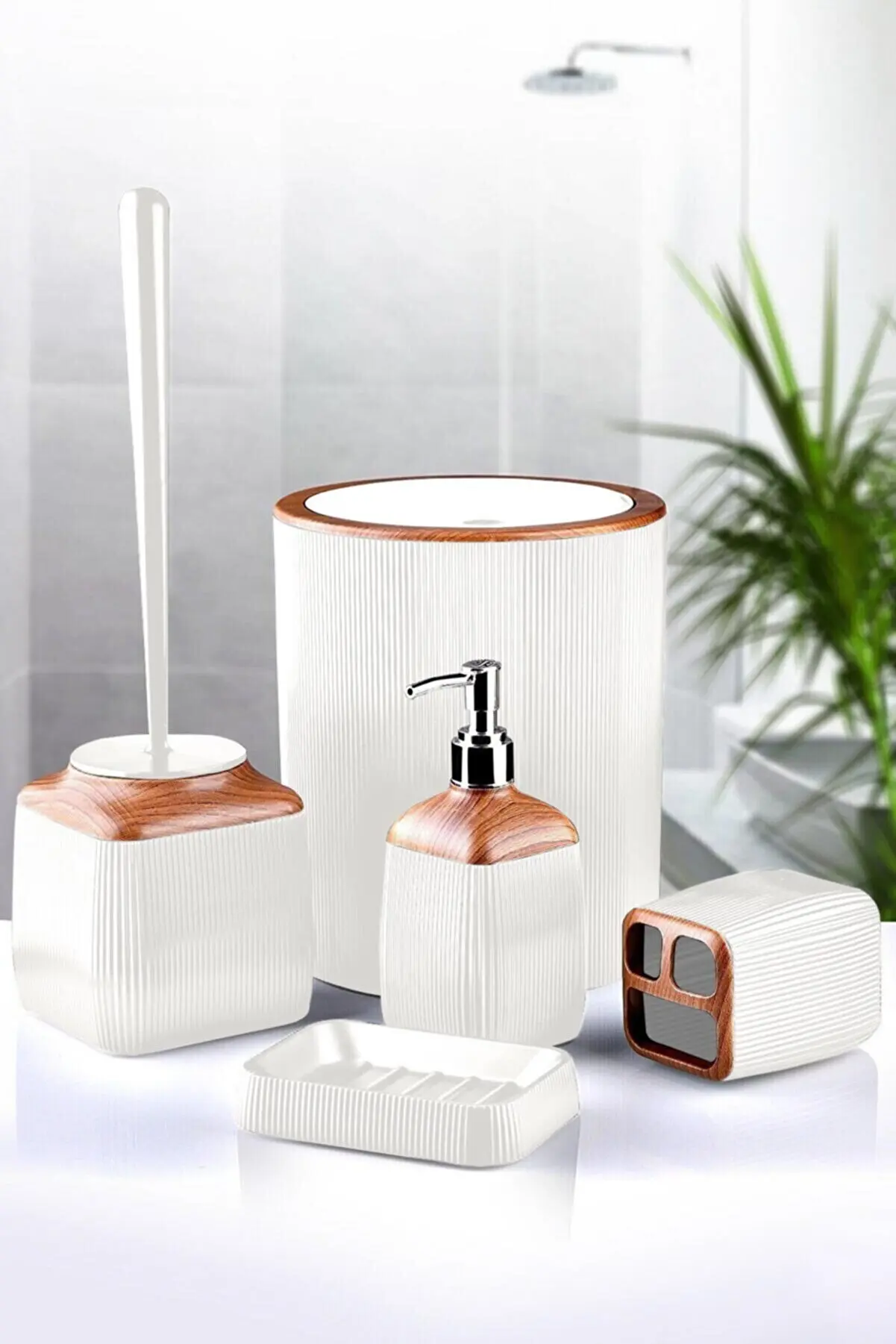 White Round Wooden 5 Piece Bathroom Set Hard Plastic Raw Material Diş Fırçalık Liquid soap dispenser