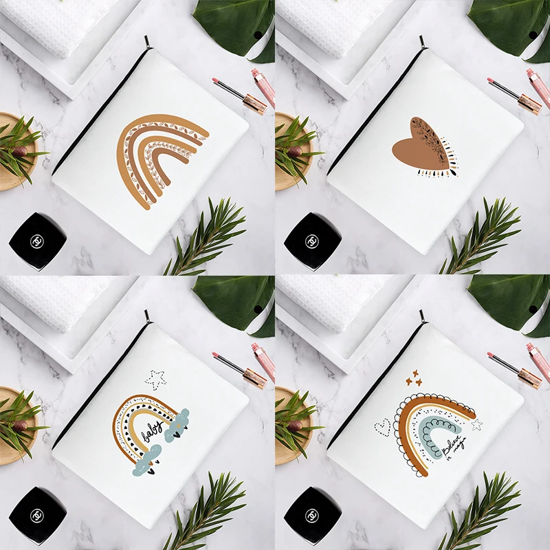 

Коричневая серия, радуга, облака, любовь, узоры, модная женская красивая белая холщовая косметичка для путешествий, Хранение Косметики