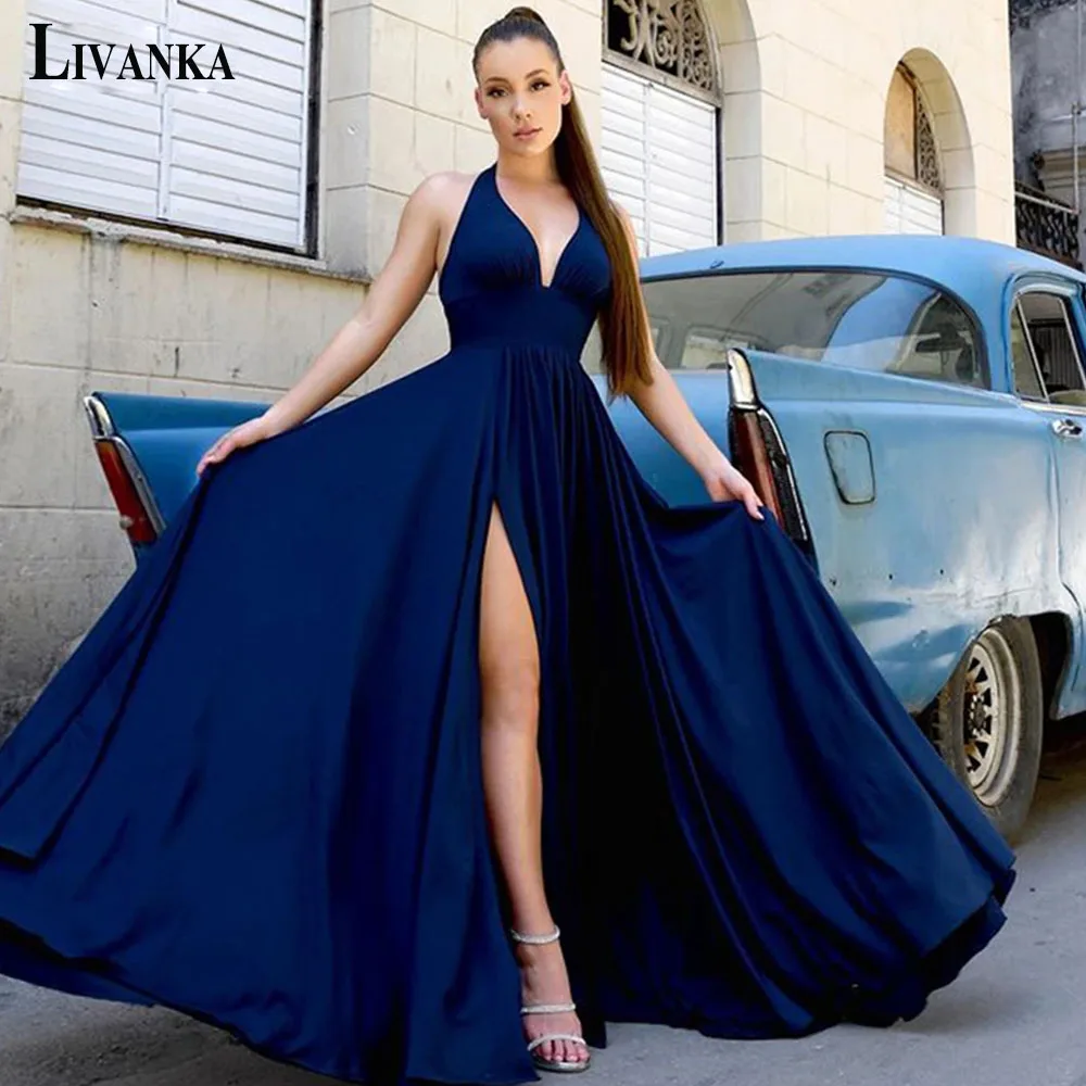 

LIVANKA Charming Evening Prom Dresses Sexy Navy Blue High Slit V-Neck Sleeveless Girl Gown Formal Customised Abendkleider