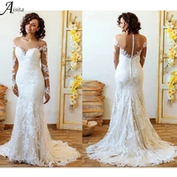 luxury long sleeves mermaid wedding dresses lace embroidery trail vestidos de novia grace tulle sweep train bridal robes