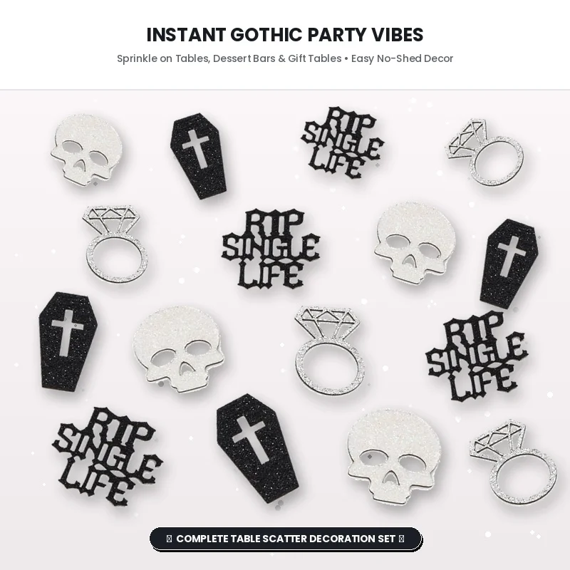 Фото Готические конфетти RIP Single Life для девичника: черепа, гробики, бриллиантовые кольца. Украшения для стола на девичник, свадебный душ, свадебный декор. №4