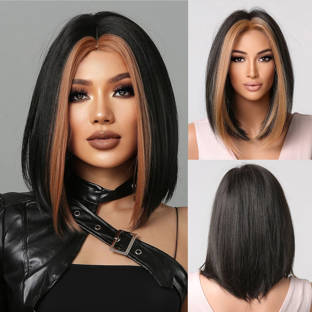 Brown Black Golden Highlight Synthetic Short Straight Bob Hair Wigs for Afro Women Shoulder Blonde Natural Heat Resistant Hair