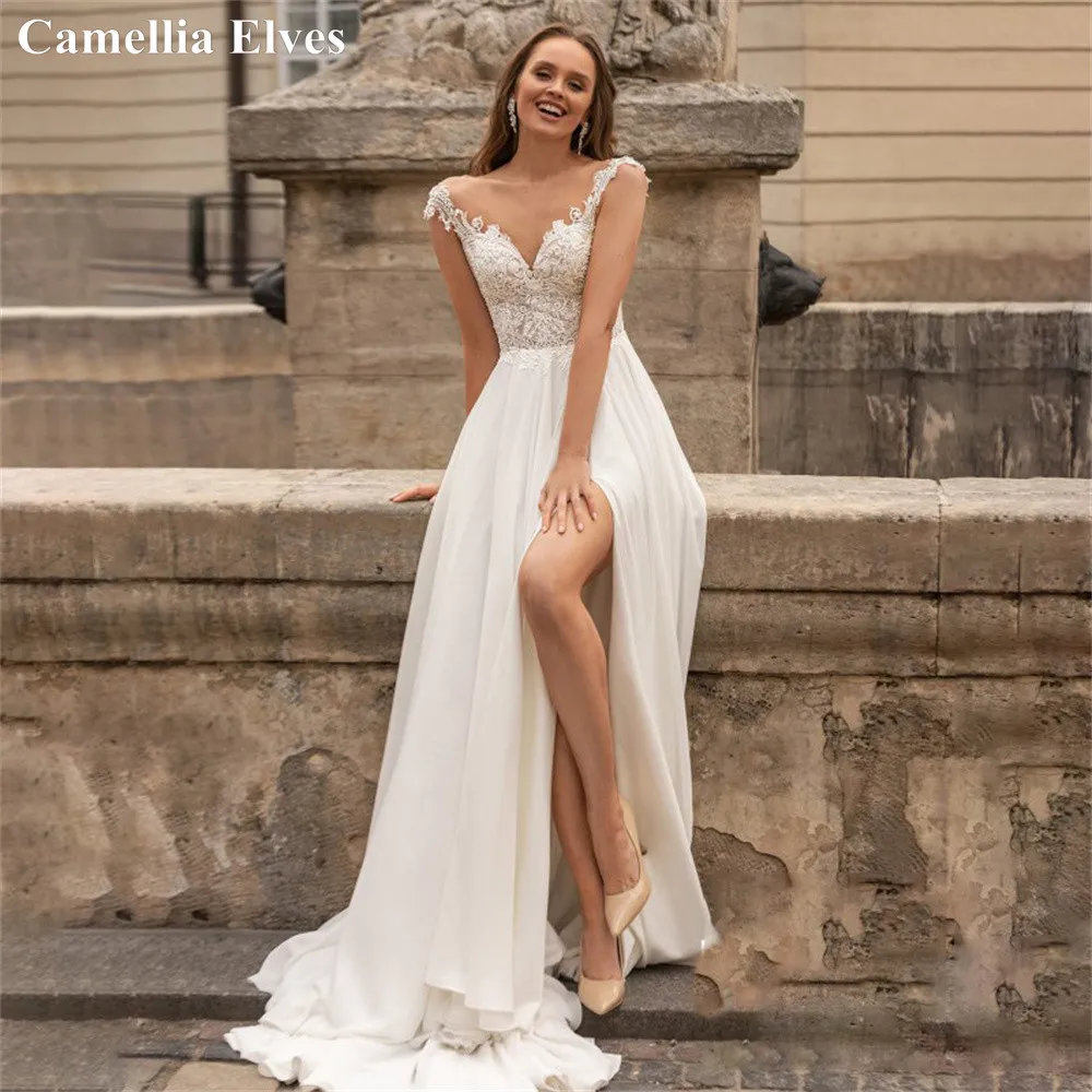 

Sexy Off The Shoulder Wedding Dresses For Women 2022 V-Neck Lace Appliques Side Split A-Line Bridal Gowns Vestidos De Novia