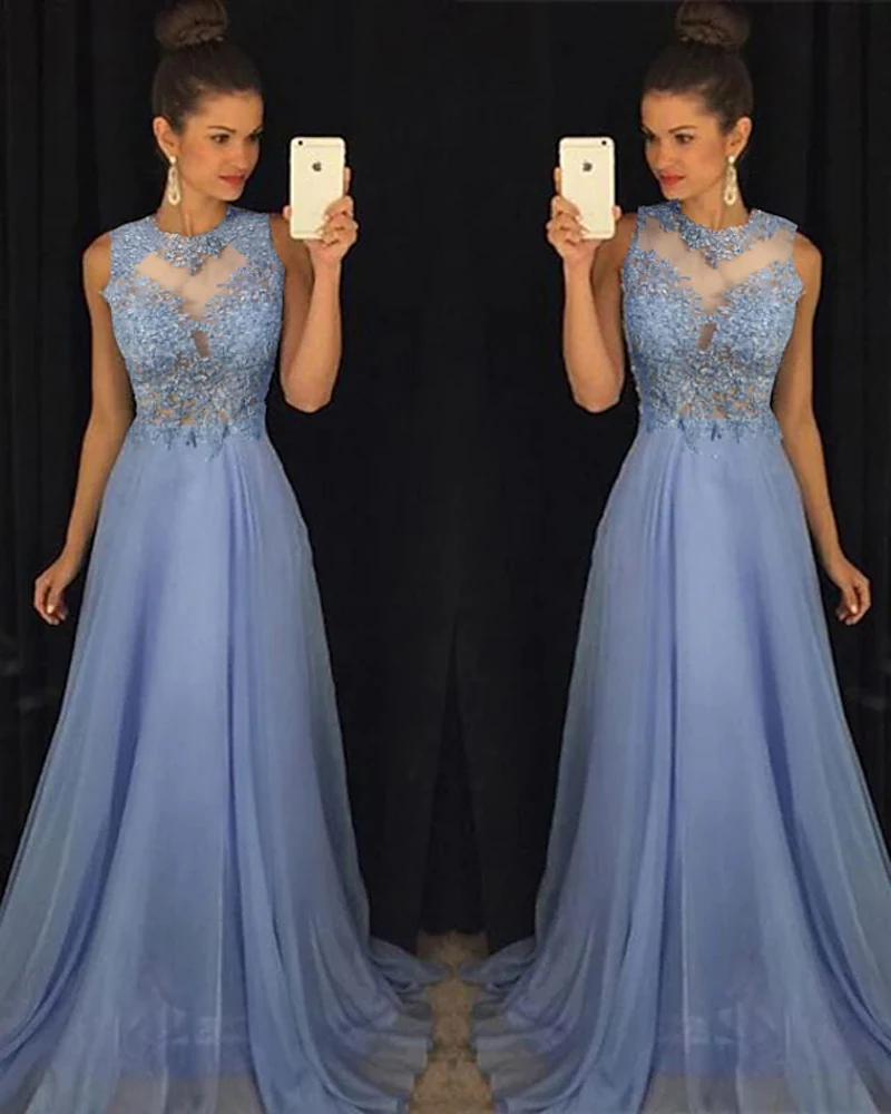 

A-Line Empire Prom Formal Evening Dress Jewel Neck Sleeveless Back Cut Out Chiffon with Beading Appliques vestidos de noche