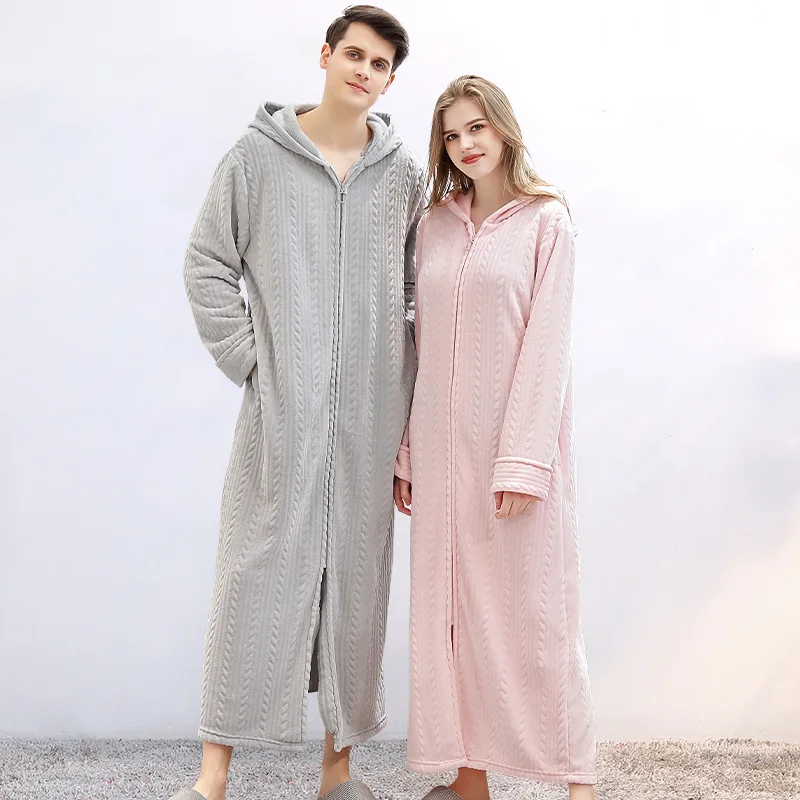 Winter Zipper Hoodie Blanket Nightgown Couple Thickening Pajamas Flannel Lovers Long Nightdress Home Sleepwear