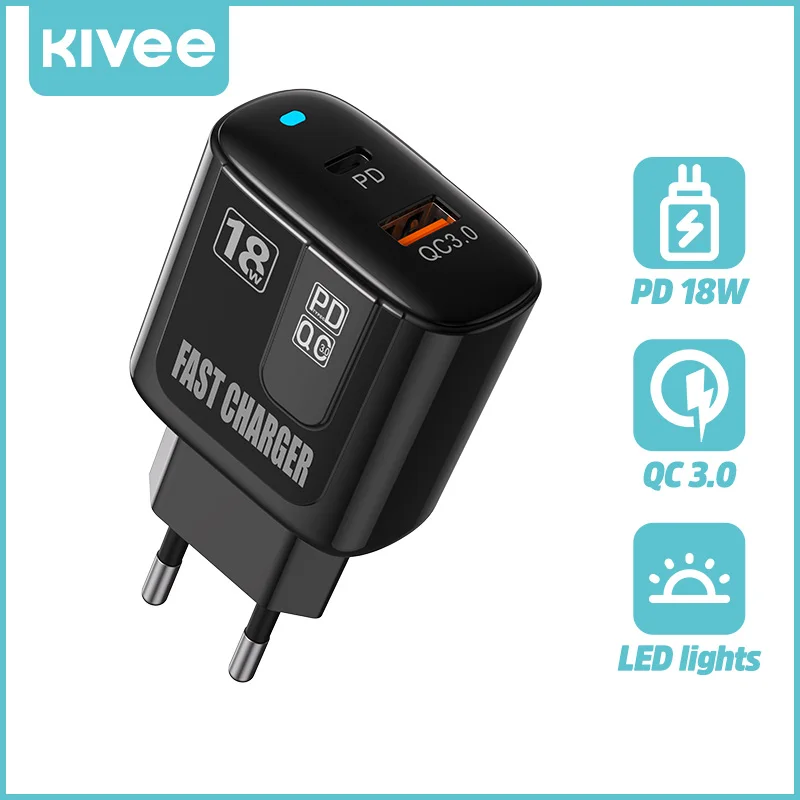 

KIVEE 18W Charger Quick Charge QC PD 3.0 2 Port USB C Type C Travel Adapter Head For Iphone IPad Laptop Mini Fast Wall Chargers