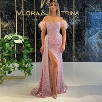 new in glitter luxury elegant prom dresses off the shoulder feathers high split women evening party gowns plus size custom made