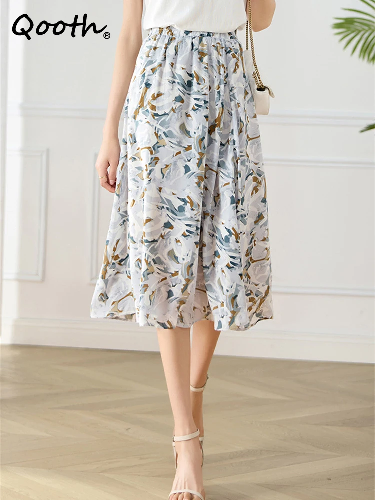 

Qooth Women Summer Oversize Mid-length Chiffon Floral Printed Skirt Elegant Gentle High Waist A-line Skirt QT1845