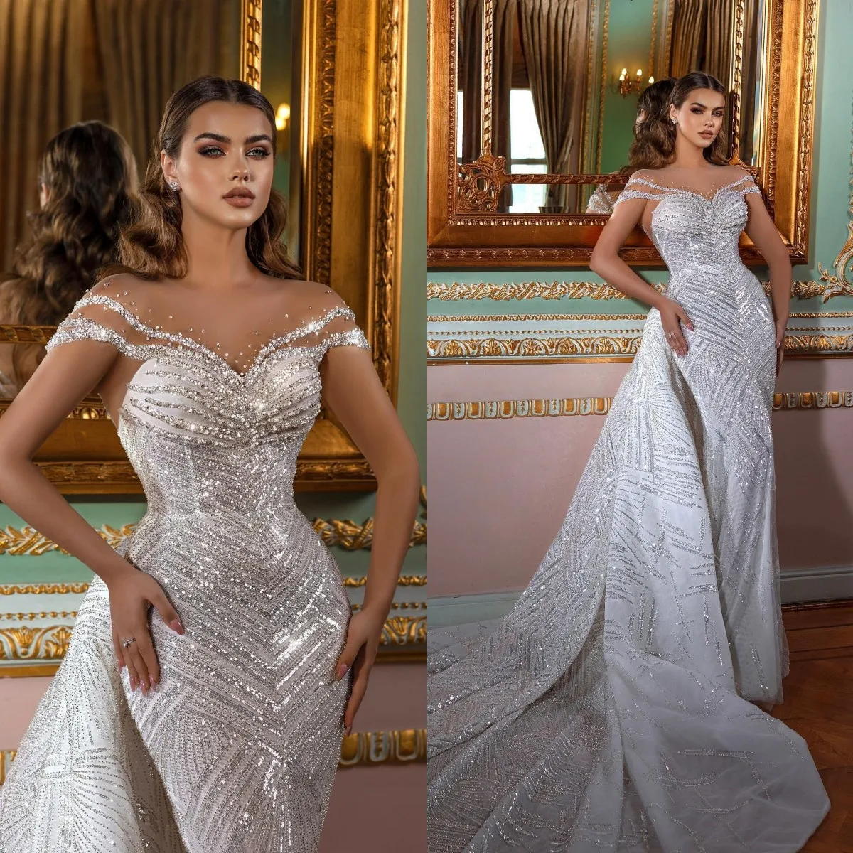 

Luxury Saudi Arabia Wedding Dress With Detachable Train Beading Sequined Mermaid Bridal Gowns Short Sleeve robes de mariée