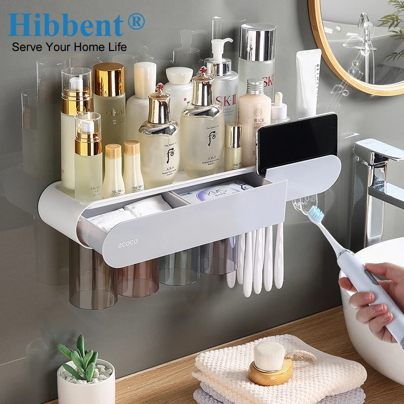 

Hibbent Wall-mount Toothbrush Holder Magnetic Adsorption Inverted Toothbrush Holder W/ Toothpaste Dispenser Bathroom Accessories