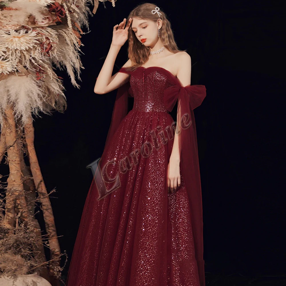 

Caroline Decent Burgundy Sequins Evening Dress Off The Shoulder Backless Lace Up Prom Gowns Party Custom Made Robes De Soirée