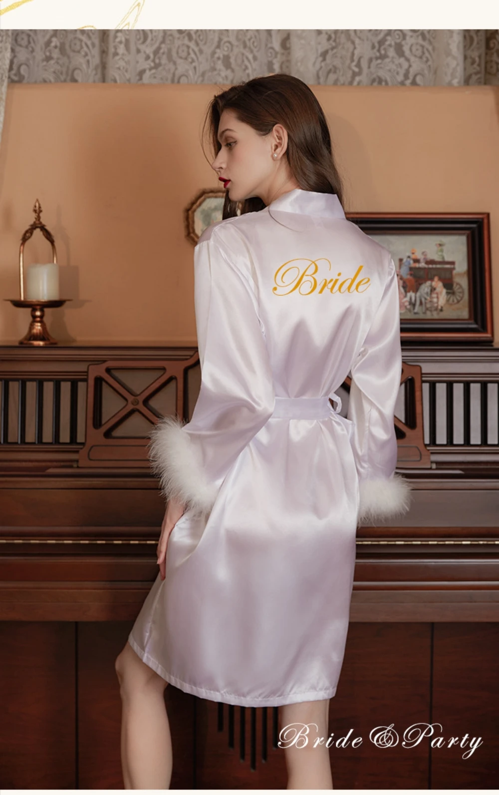 Wedding Bride Robe with Feather Bathrobe Nightwear Long Elegant Woman Casual Sexy Kimono Sleepwear Intimate Night Gown