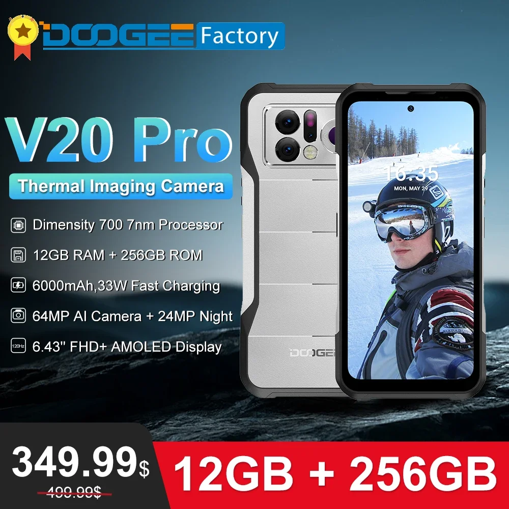 Фото DOOGEE V20 Pro — защищенный смартфон с 6,43-дюймовым 2K-дисплеем, тепловизионной камерой, 12 ГБ + 256 ГБ памяти, 64-мегапиксельной камерой, аккумулятором 6000 мАч и зарядным устройством 33 Вт, Android. №1